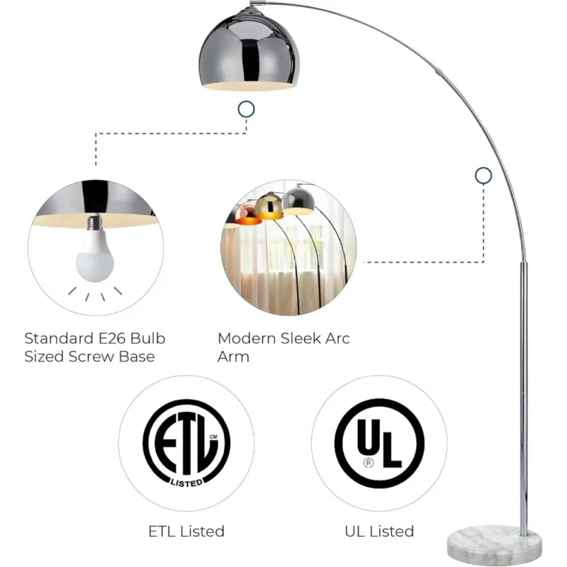 Modern Chrome Adjustable Arc Floor Lamp with Marble Base for Living Room - Image 6