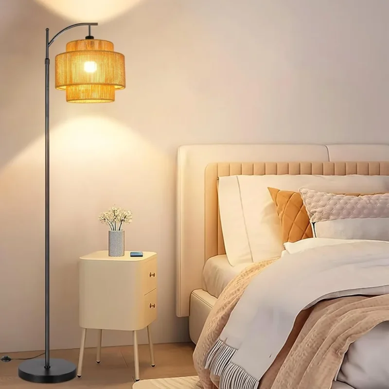 Modern Black Rattan Arc Floor Lamp with Remote Dimmable Light for Living Room - Image 3