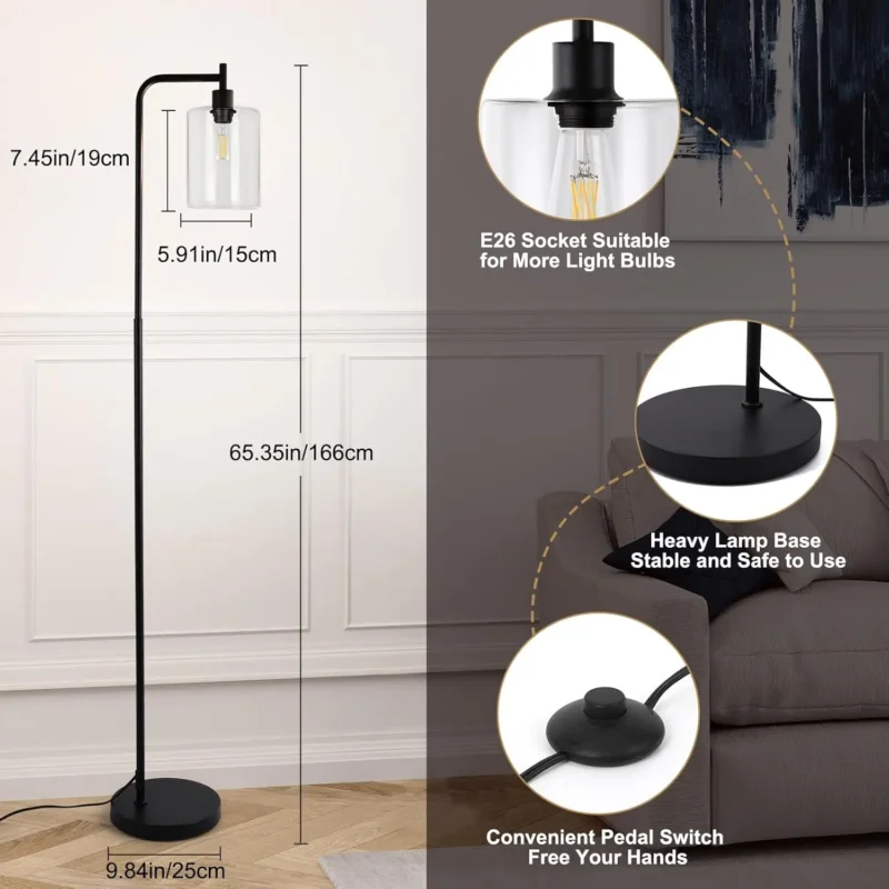 Industrial Black Glass Arc Floor Lamp with Dimmable LED and Remote Control - Image 4