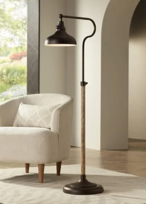 Vintage Bronze Pharmacy Floor Lamp with Wood Grain Finish for Reading and Living Room