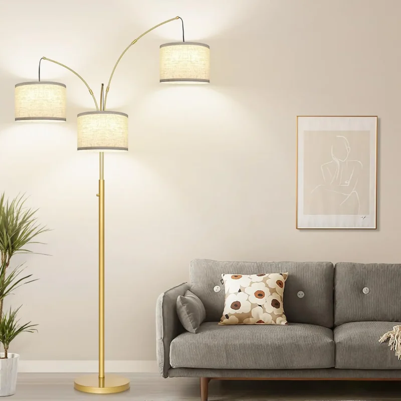 Modern 3-Light Arc Floor Lamp with Gray Linen Shades for Living Room - Image 11